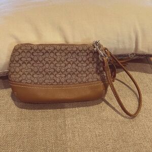 Coach Wristlet Mini Vintage Caramel Brown Bag Leather Bottom & Handles CC Canvas